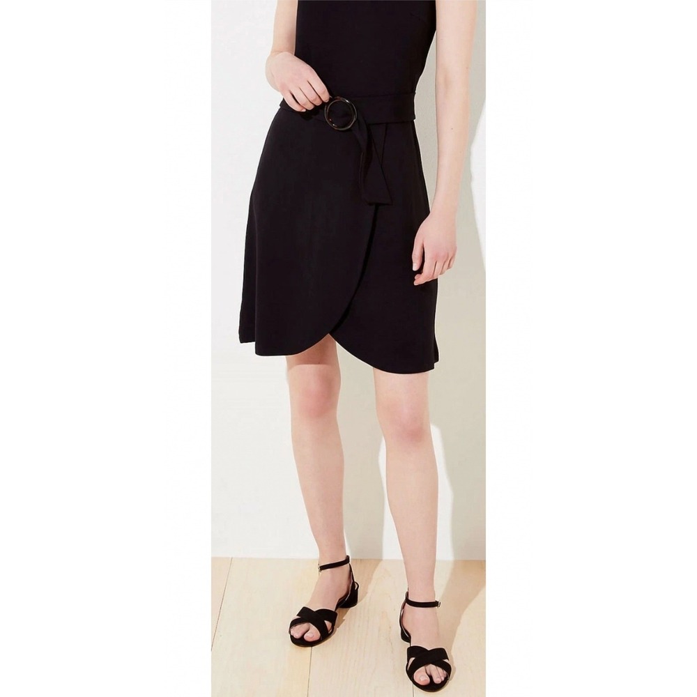 Ann Taylor LOFT Black Tortoiseshell Belted Wrap Sleeveless Shift Dress 10 - Picture 2 of 16